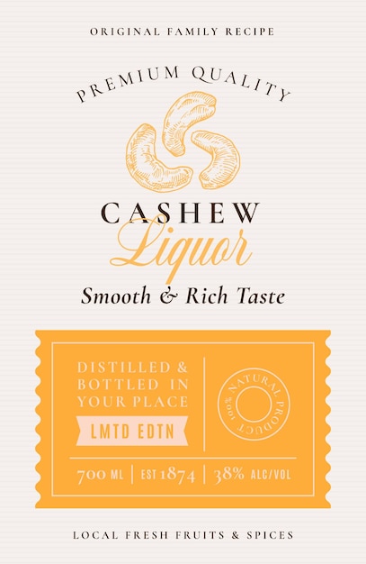 Family Recipe Cashew Nuts Liquor Acohol Label Abstract Vector Packaging Design Layout Modern Typography Banner with Hand Drawn Cashew with Leaf Silhouette Logo and Background