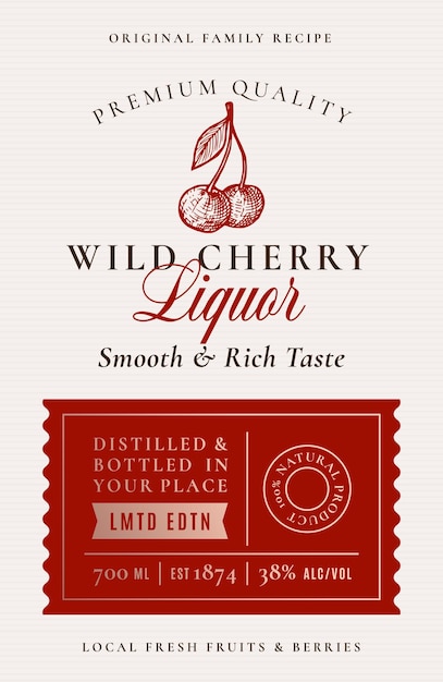 Family Recipe Cherry Liquor Acohol Label Abstract Vector Packaging Design Layout Modern Typography Banner with Hand Drawn Cherries Silhouette Logo and Background