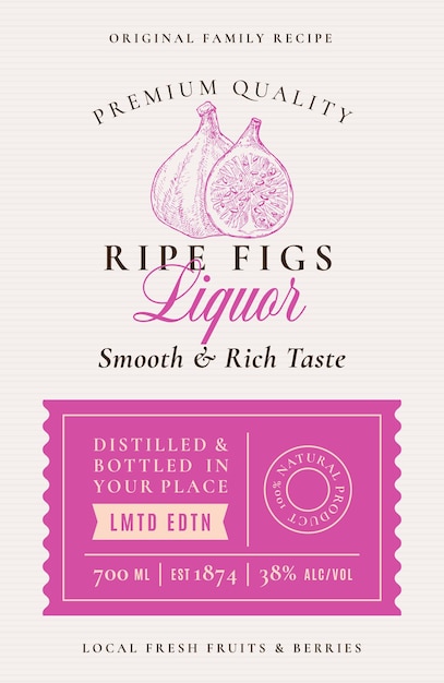 Family Recipe Figs Liquor Acohol Label Abstract Vector Packaging Design Layout Modern Typography Banner with Hand Drawn Fruit Silhouette Logo and Background