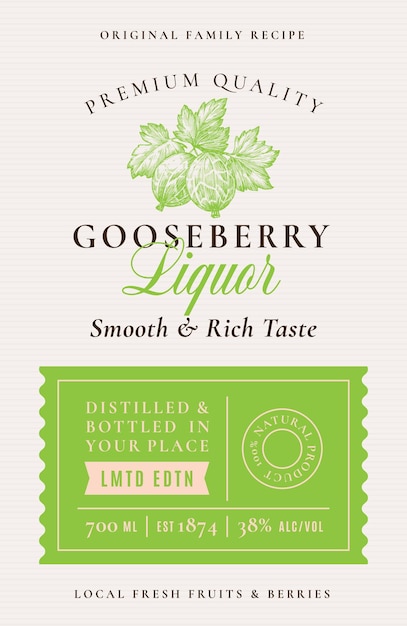 Family Recipe Gooseberry Liquor Acohol Label. Abstract Vector Packaging Design Layout. Modern Typography Banner with Hand Drawn Berries with Leaves Silhouette Logo and Background. Isolated.