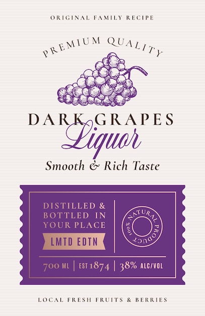 Family Recipe Grapes Liquor Acohol Label Abstract Vector Packaging Design Layout Modern Typography Banner with Hand Drawn Grape Berries Silhouette Logo and Background