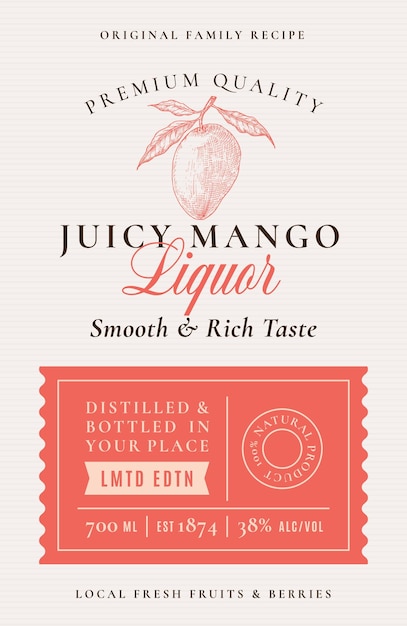 Family Recipe Juicy Mango Liquor Acohol Label Abstract Vector Packaging Design Layout Modern Typography Banner with Hand Drawn Mango with Leaves Silhouette Logo and Background