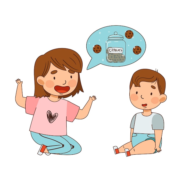 Family Relations with Sister Talking to Her Little Brother Vector Illustration