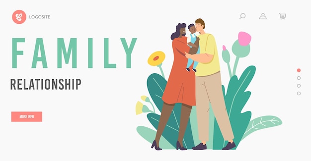 Family Relationship Landing Page Template. Multiracial Loving Parents Kiss Baby. Mother and Father Caucasian and African Ethnicity Characters Holding Child on Hands. Cartoon People Vector Illustration