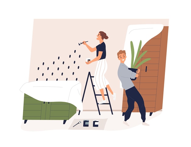 Family repairing home interior together. Young happy couple of man and woman redecorating living room, painting and decorating wall in apartment. Flat vector illustration isolated on white background.