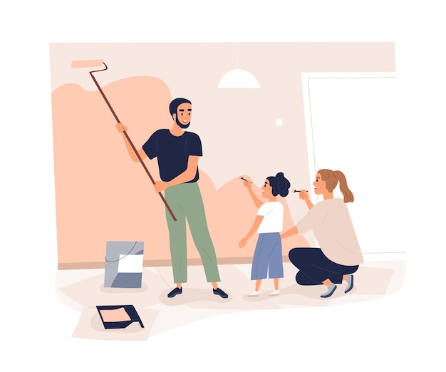 Family repairing home together. Mother, father and kid painting wall in apartment. Happy parents and child redecorate room with paint and roller. Flat vector illustration isolated on white background.