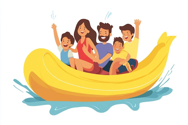 Vector family riding a banana boat in ocean