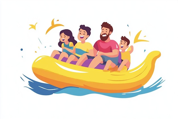 Vector family riding a banana boat in ocean