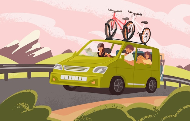 Family road trip on camper car flat vector illustration. Family couple with kids and dog going on vacation. Bicycles attached to top of green automobile. Cartoon characters travelling in auto.