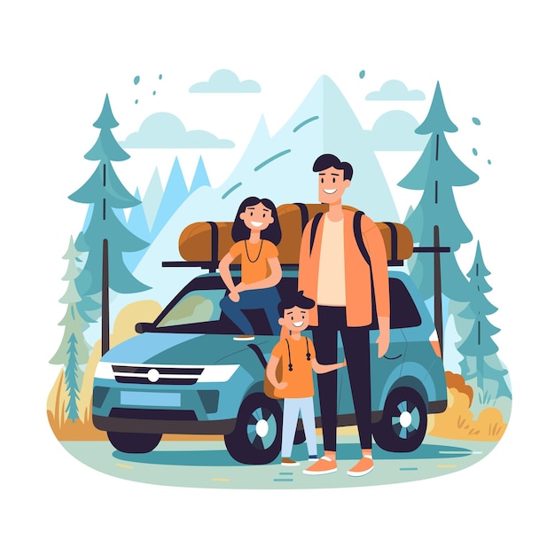 Vector family road trip suv mountains forest adventure man woman child outdoors travel car journey