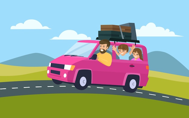 Family road trip on a van illustration