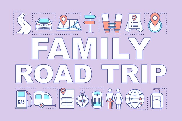 Vector family road trip word concepts banner. time together. hometown trip with children. outdoor activity. presentation, website. isolated lettering typography idea, linear icon. vector outline illustration