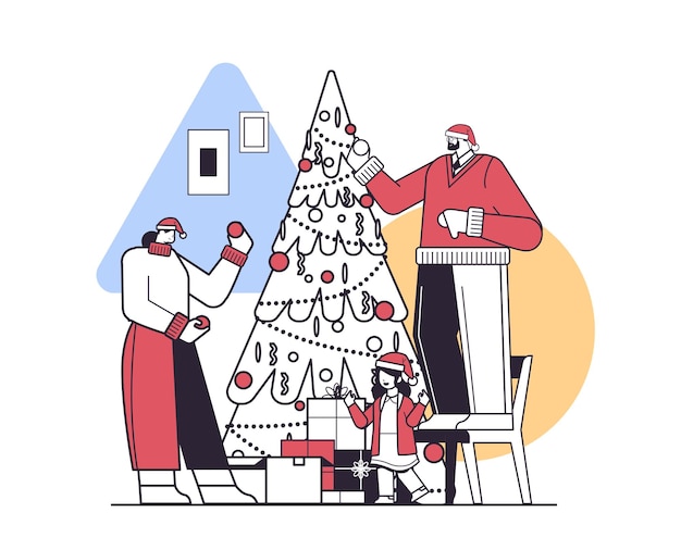 family in santa hats decorating christmas tree happy new year merry christmas holidays celebration concept linear vector illustration