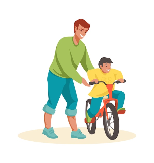 Family scenes Dad teaches son to ride bike father and little boy spend time together outdoors kid riding bicycle parenthood and childhood concept cartoon vector isolated characters