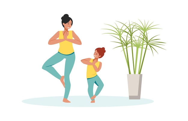 Family scenes Mother and daughter do yoga mom and little girl spend time together kid doing asana and meditation parenthood and childhood concept cartoon vector isolated characters