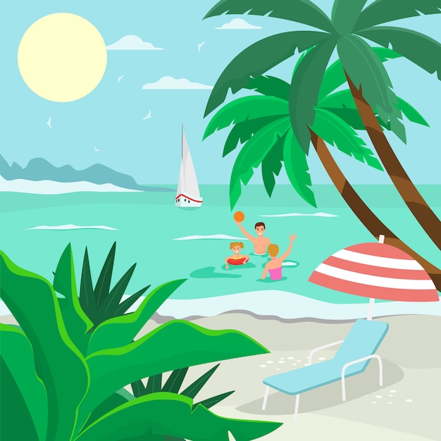 Family sea beach vacation, amicable character father mother and child play ball ocean flat vector illustration. Tropical rest sandy seaside.