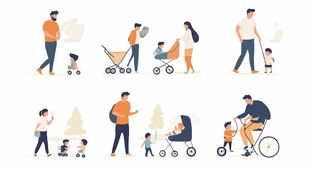 Vector family set parents and kids hanging out flat vector illustrations