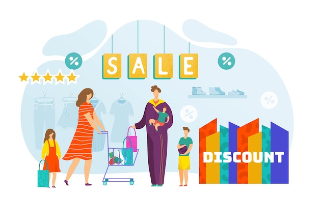 Family at shop sale cartoon discount vector illustration man woman with bag happy father mother