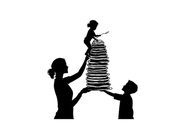 Family Silhouette Celebrating Pancake Day with Large Stack of Pancakes Holiday Breakfast vector