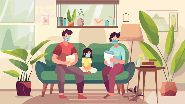 a family sits on a couch with a book in their hands