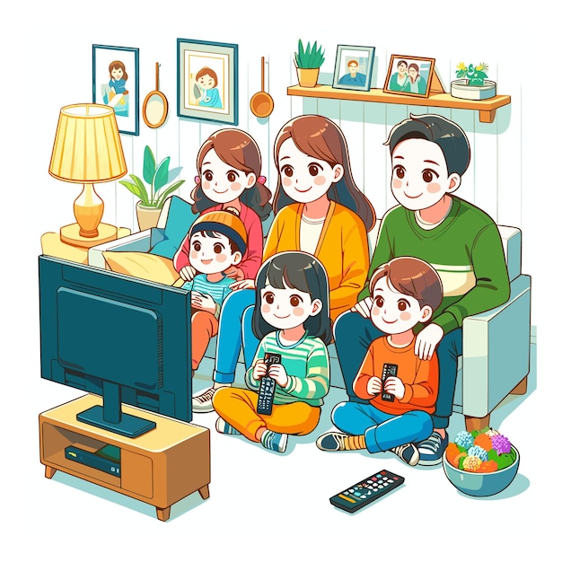 a family sits in front of a tv and a tv screen Vector illustration of a family watching TV