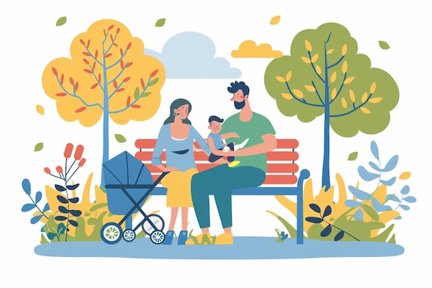 Family Sitting On Bench In Park