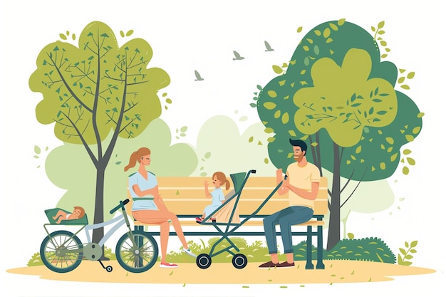 Family Sitting On Bench With Stroller