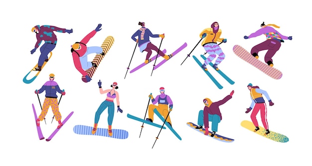 Vector family ski winter activity people skiing or snowboarding outdoor sport active girl and woman man in outerwear snowboarder and skier poses set vector cartoon exact illustration