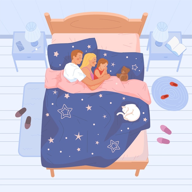 Family sleeping together Sleep baby mother father in bed asleep mom dad kid couple hug man woman in bedroom child lying pillow cartoon night nap cat swanky vector illustration