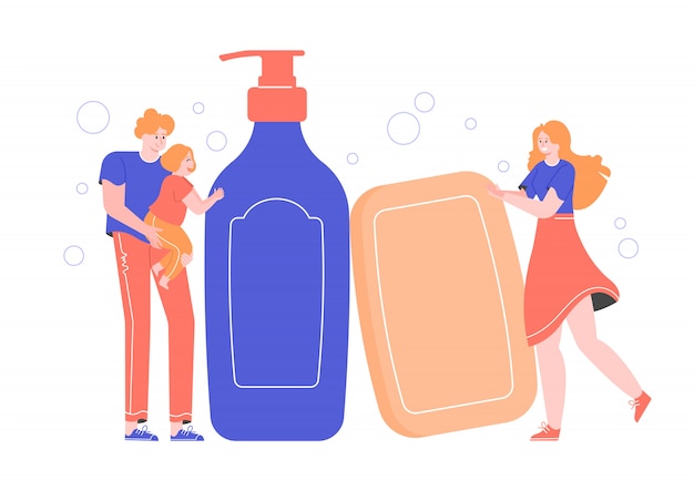 Family next to soap and dispenser. Mom, dad and daughter wash their hands, take care of skin and hygiene.  flat characters.