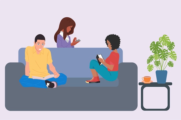 Family on the sofa People use laptops and smartphones for work and entertainment at home Vector