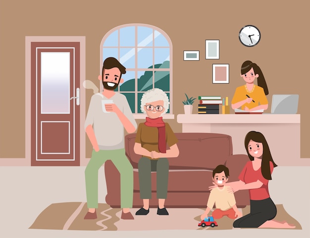 Family spending times with parent while at home. Stay at home and work from home together.