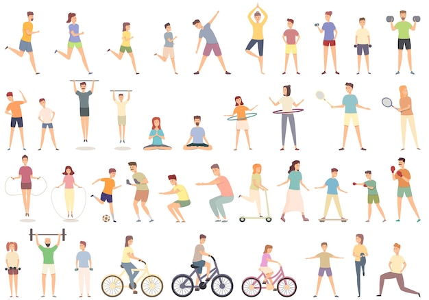 Family sport activity icons set cartoon vector Home exercise Sport workout