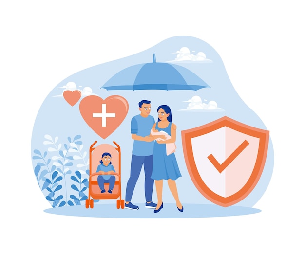 Vector the family stands under the insurance umbrella get health and life insurance health insurance concept flat vector illustration