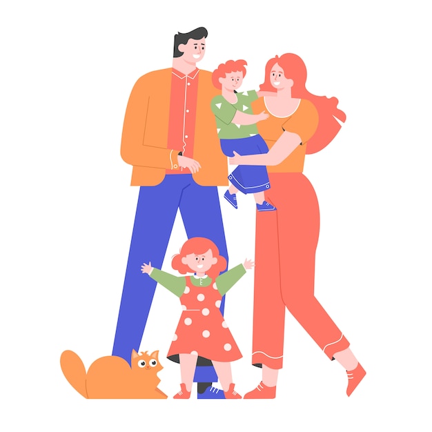 Family stands together. Dad, mom, son, daughter and cat.  flat illustration.