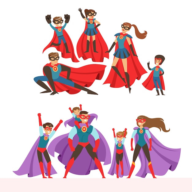 Family of superheroes set. Smiling parents and their children dressed in superheroes costumes colorful  illustrations