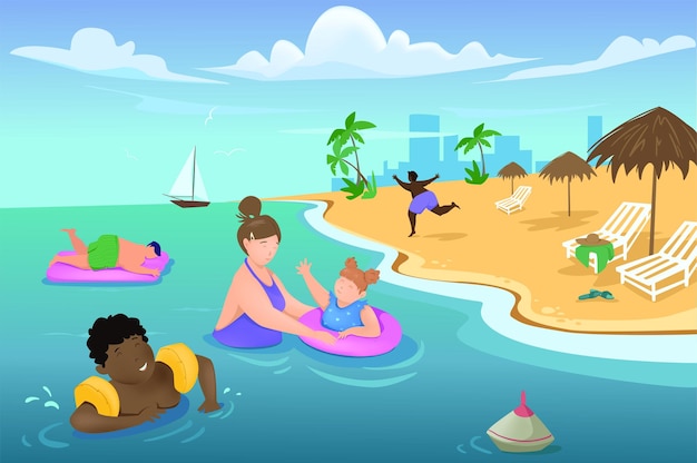 Family swimming in sea concept in flat cartoon design Mom teaches daughter to swim boy plays