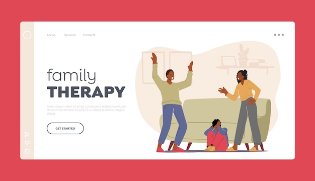 Family Therapy Landing Page Template Angry Parents Scold Each Other with Little Son Cover Ears Sitting on Floor