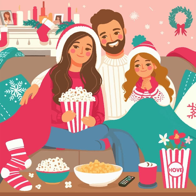 Vector a family of three is sitting on a couch watching a movie and eating popcorn