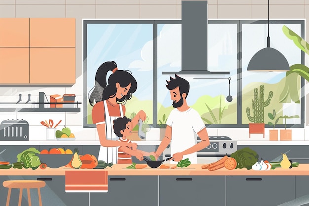 Vector family of three preparing meal