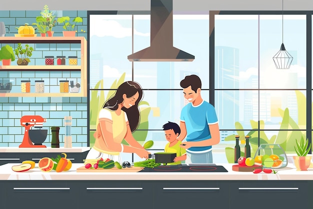 Vector family of three preparing meal