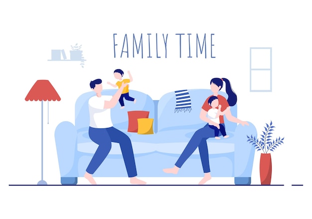 Family Time of Joyful Parents and Children Spending Time Together at Home Doing Various Relaxing Activities in Cartoon Flat Illustration for Poster or Background