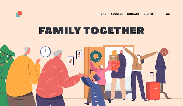 Vector family together landing page template happy characters meeting grandparents at their home mother father and kids