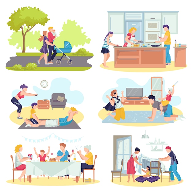 Family together with children concept  set of  illustrations. Father and mother playing with kids in living room, walking, cooking, spending time together. Happy parents and kids.