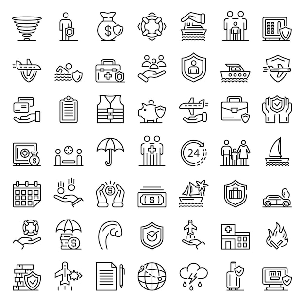 Family travel insurance icons set, outline style