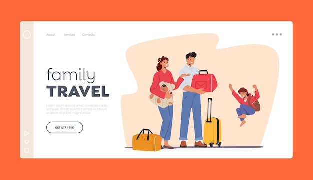 Family Travel Landing Page Template Happy Family Father Mother and Child with Suitcases and Bags Going for Vacation