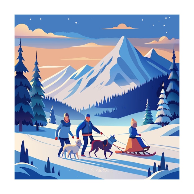 Vector family travel winter drawing concept illustration