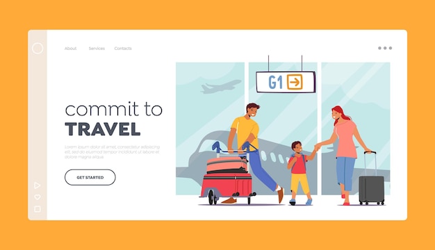 Family Travel with Child .Landing Page Template. Father, Mother and Son Characters Traveling Together. Parents and Kid in Airport with Luggage Fly for Holidays. Cartoon People Vector Illustration