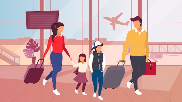 Family travelling by plane illustration.