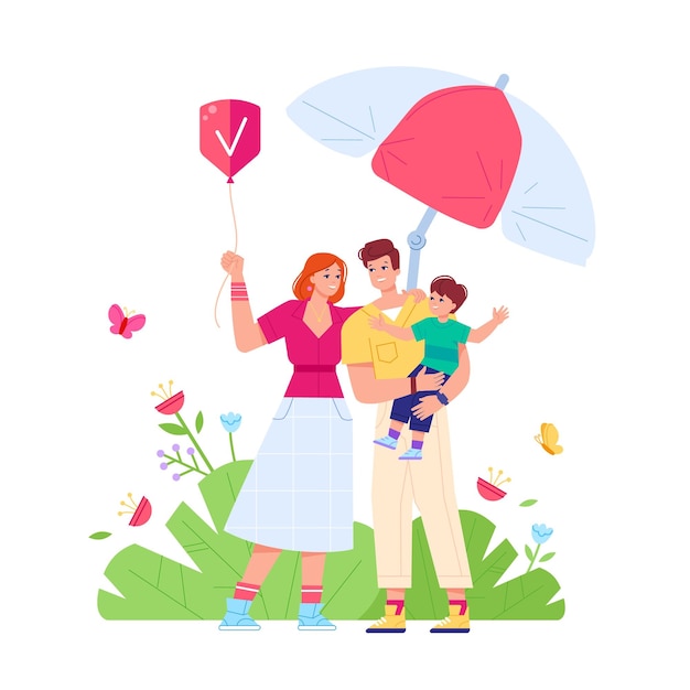 Family under umbrella Safety feeling parents and children private life medical insurance health protection security strong relationship in marriage baby care vector illustration